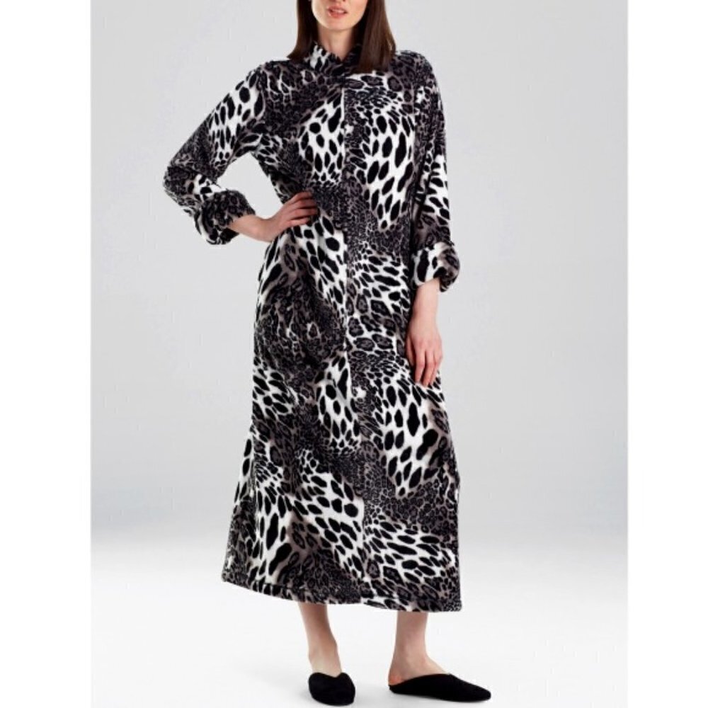 Natori Plush Leopard Zipper-Front Caftan Robe Lounger, Black/White Multi